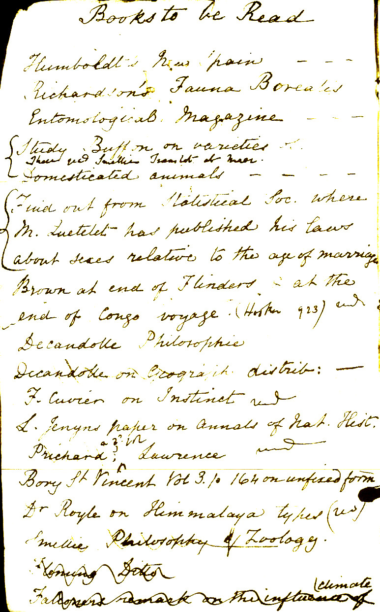 A page from Darwin's reading notebook, started in 1839 A page from Darwin's reading notebook, started in 1839