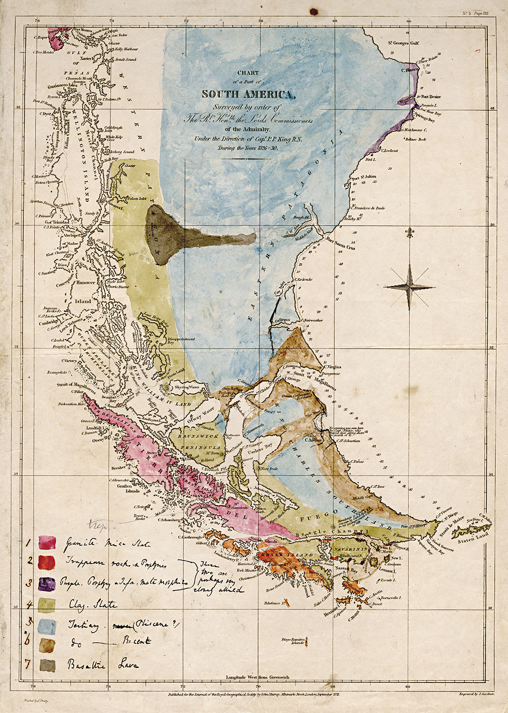 Darwin’s hand-coloured geological map of islands off the South American coast Darwin’s hand-coloured geological map of islands off the South American coast